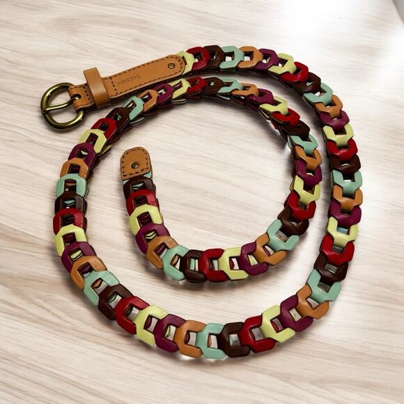 Fossil Leather Chain Link Belt Multicolor Size M 36"-38" Earth Tone Boho Woven - Picture 2 of 7